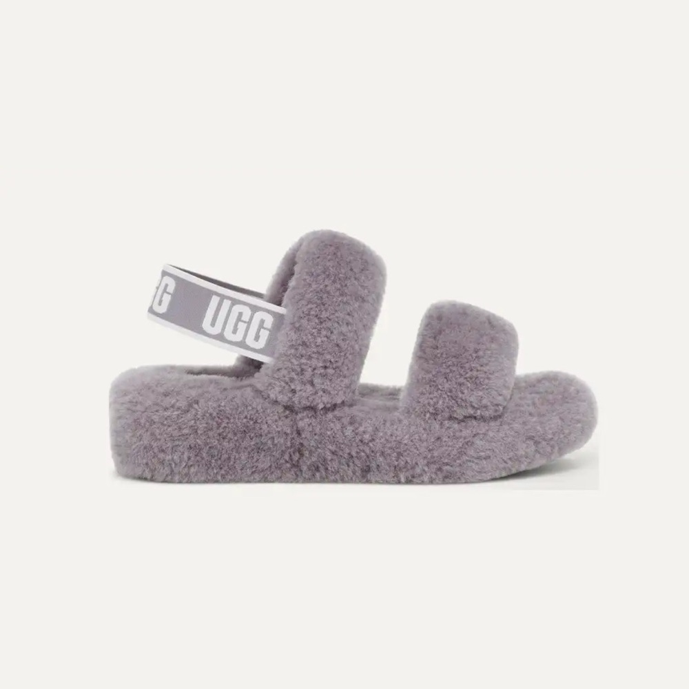 UGG Lavender Sheepskin Two-Strap Fuzz Sandals with Logo Heel Strap
